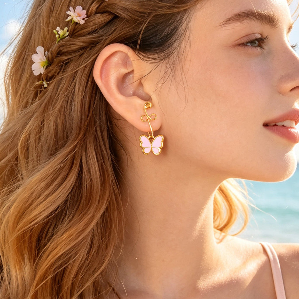 2pcs Pink Butterfly Charm Clip‑On Earrings No Piercing Ear Cuff Vacation Jewelry