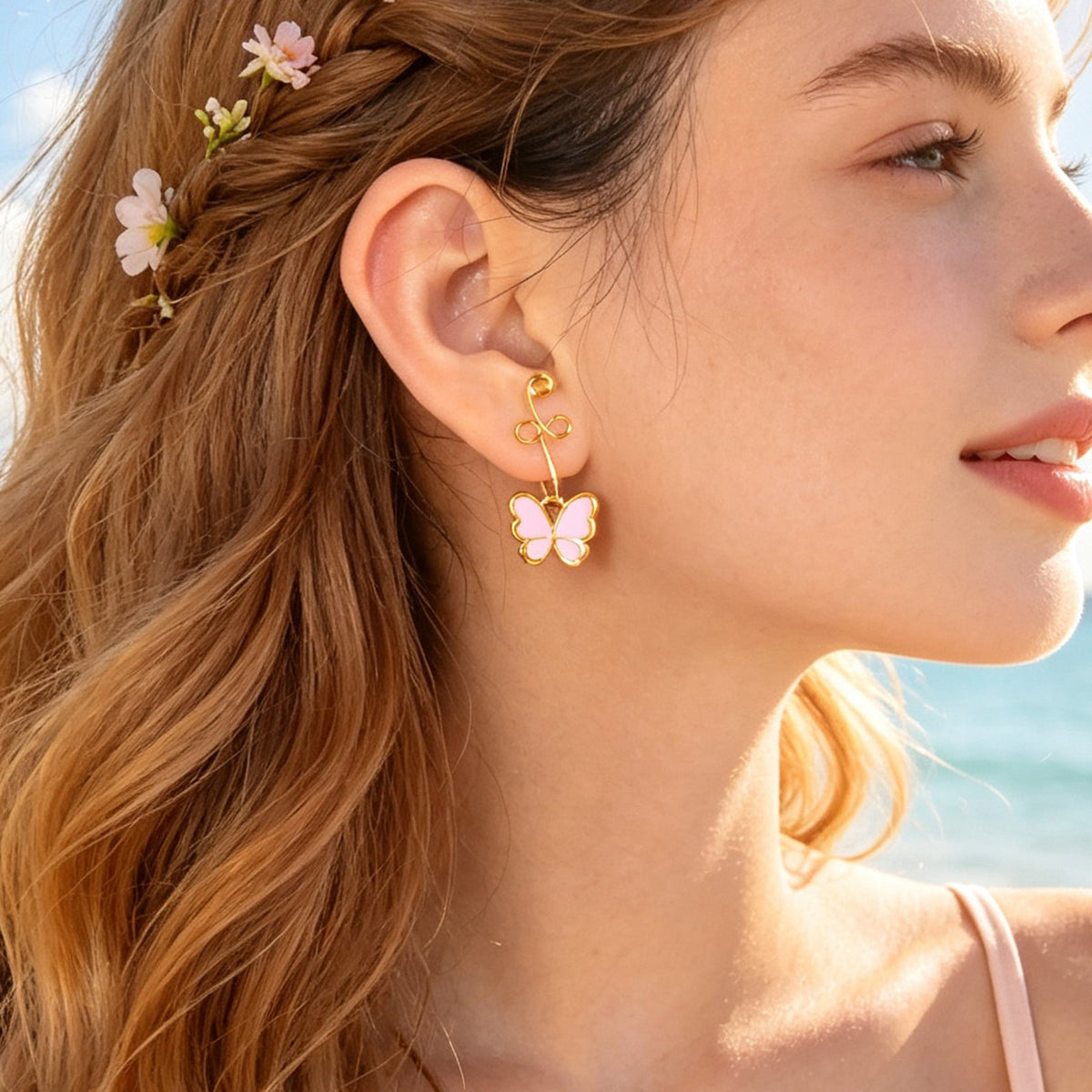 2pcs Pink Butterfly Charm Clip‑On Earrings No Piercing Ear Cuff Vacation Jewelry