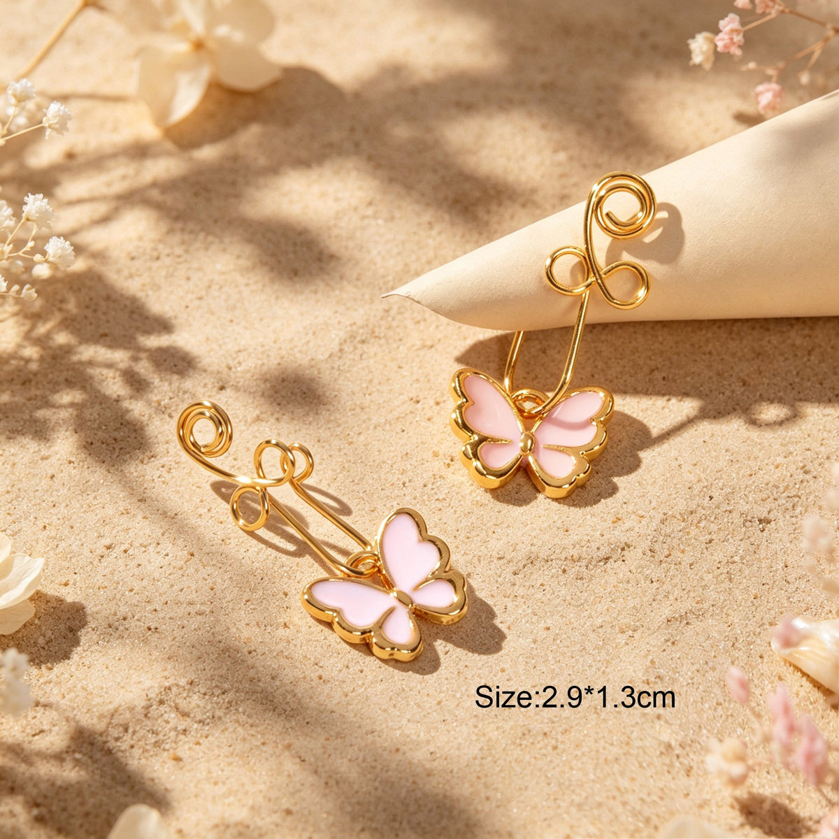 2pcs Pink Butterfly Charm Clip‑On Earrings No Piercing Ear Cuff Vacation Jewelry