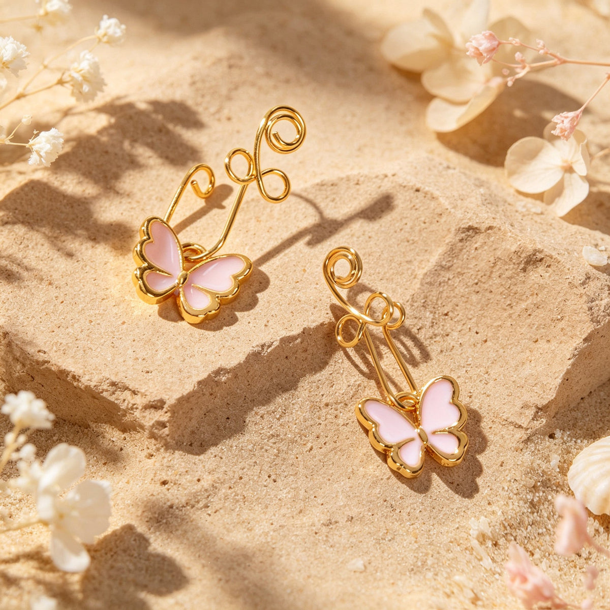 2pcs Pink Butterfly Charm Clip‑On Earrings No Piercing Ear Cuff Vacation Jewelry