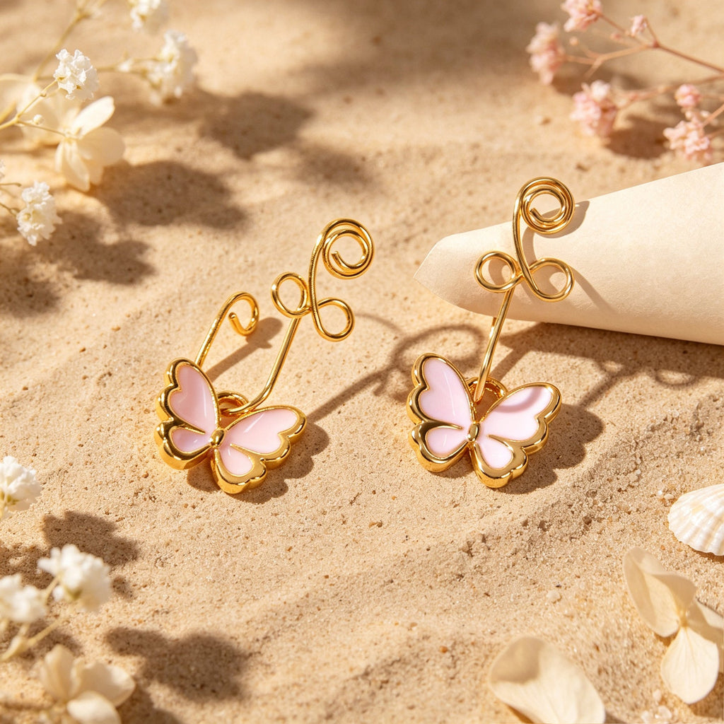 2pcs Pink Butterfly Charm Clip‑On Earrings No Piercing Ear Cuff Vacation Jewelry