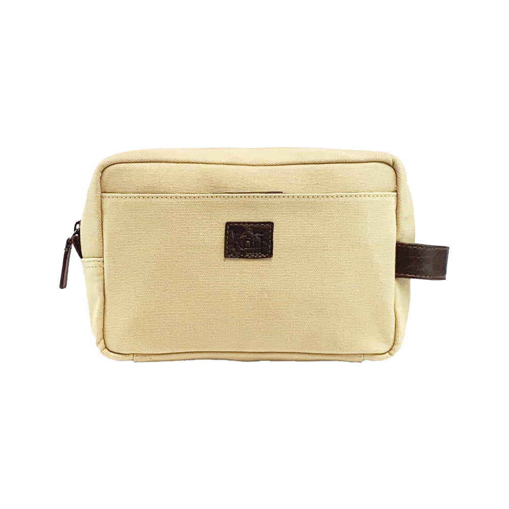 K0014GB | Canvas/Vera full-grain leather beauty case, foxed. Rope/Brown head color. Side handle. Zipper closure. Dimensions: 24 x 15 x 9 cm. Packaging: Tnt bag.