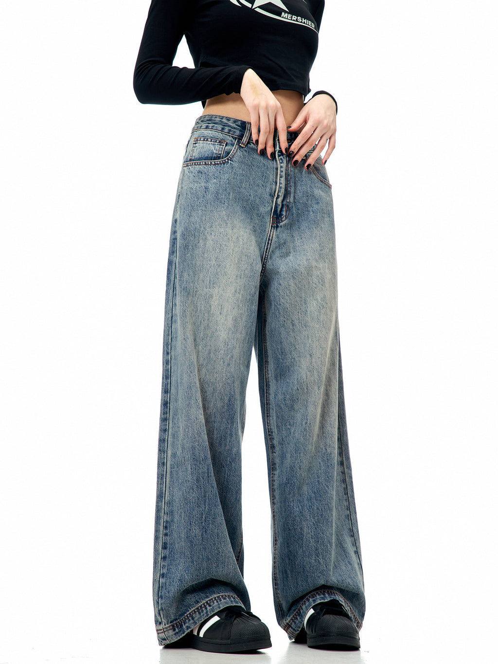 11Kn American Retro Blue Straight-Leg Jeans for Men and Women, Loose and Versatile, Trendy and Simple Cleanfit Casual Wide-Leg Pants