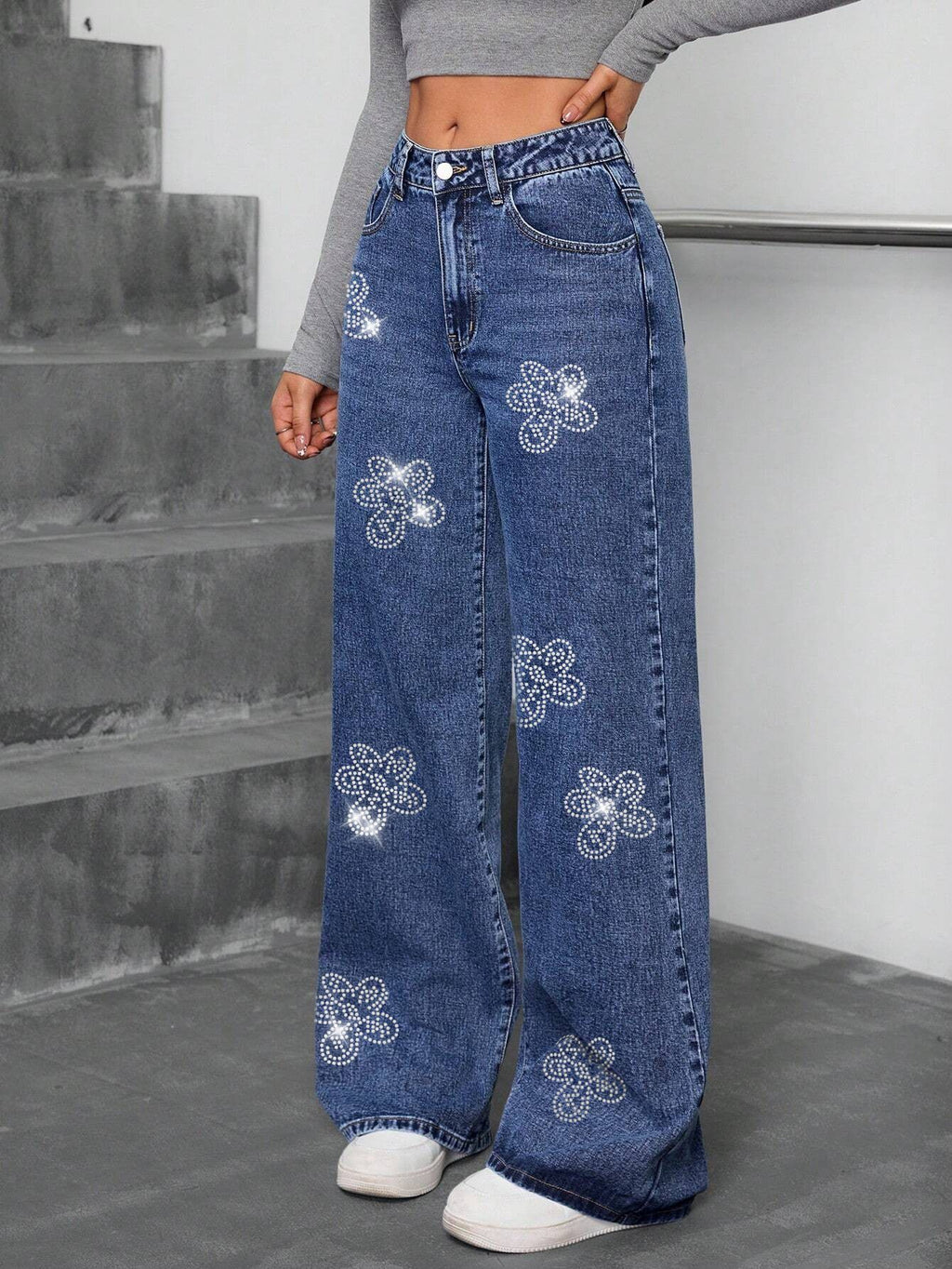 European and American Cross-Border Women's Jeans 25 Autumn New Floral Rhinestone Loose Straight-Leg Pants Jeans Trendy Brand