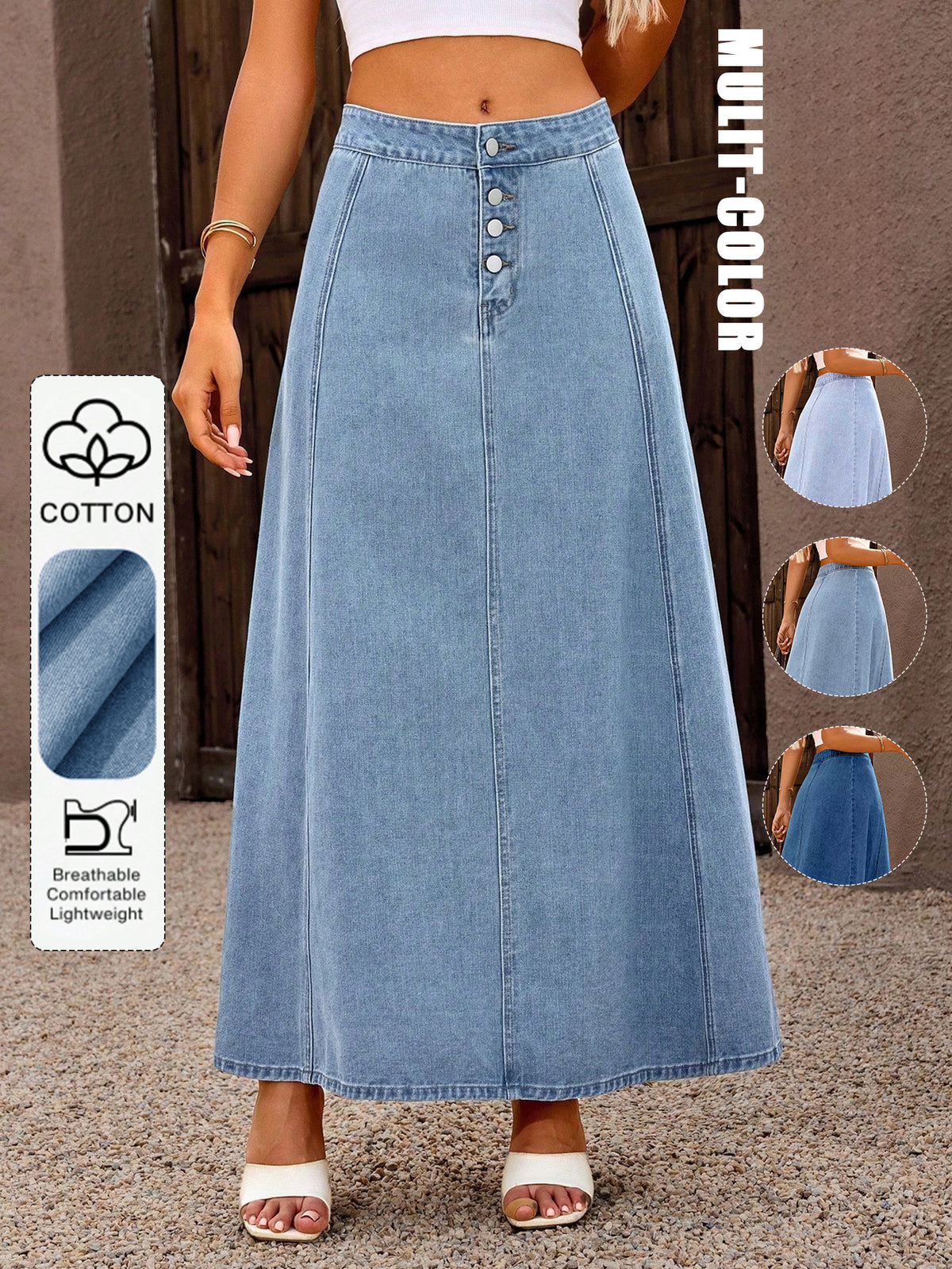 Cross-Border Denim Midi Skirt for Women, Summer 2025 Spring and Autumn New Vintage Long Skirt, High-Waisted Denim Skirt, Trendy