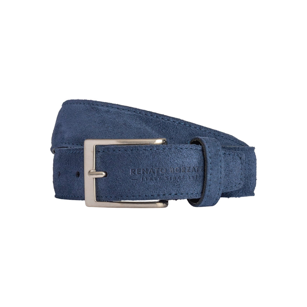 RB4029D | Cintura Uomo Made in Italy in Vera Pelle Scamosciata. Fibbia in finitura Argento Satinato. Colore Blu. Dimensioni: cm 125 x 3,5 x 0,5 (giro vita cm 110)-0