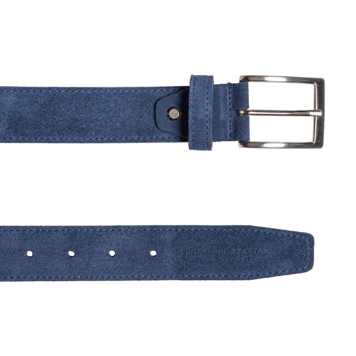 RB4029D | Cintura Uomo Made in Italy in Vera Pelle Scamosciata. Fibbia in finitura Argento Satinato. Colore Blu. Dimensioni: cm 125 x 3,5 x 0,5 (giro vita cm 110)-2