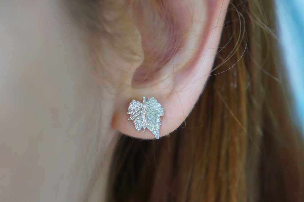Real Vine Leaf Silver Stud Earrings, Handmade Minimalist Jewelry, Organic Nature Studs, Gift for Strength & Friendship, Gold or Sterling Silver 925-0